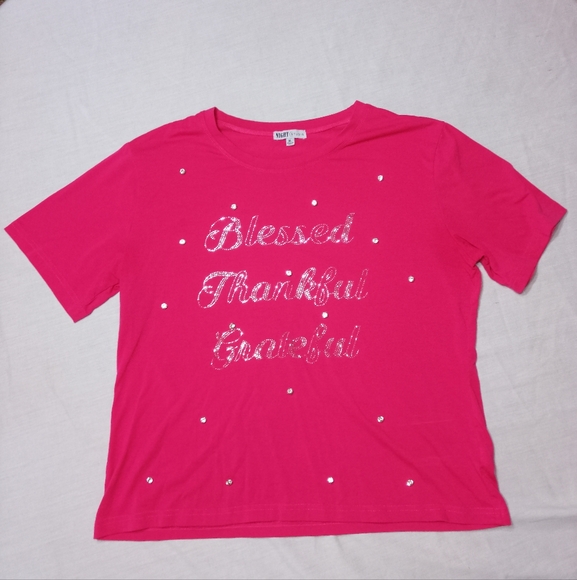 Night Studio Short Sleeve Embellished T-Shirt Blessed Thankful Grateful - Picture 2 of 5